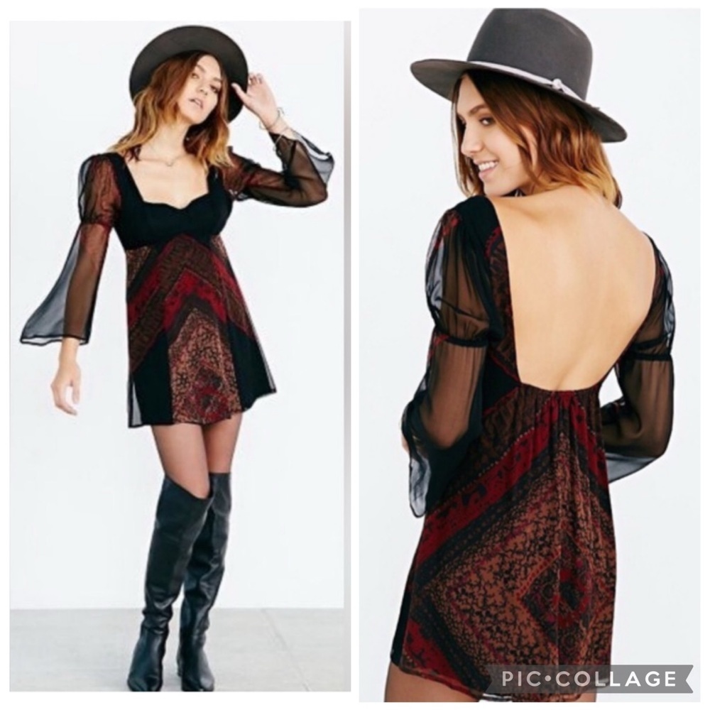 Stone Cold Fox Montana Violante Silk Open Back Mini Dress Blk/Red Boho Size M/L